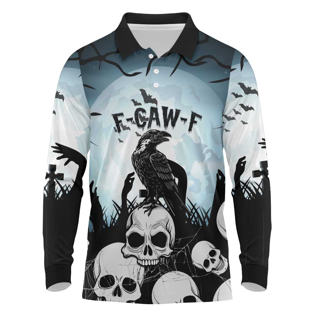 Personalized Funny Halloween F’Caw Raven Long Sleeve Polo Shirt Black Bird Crow With Skulls - Wonder Print Shop