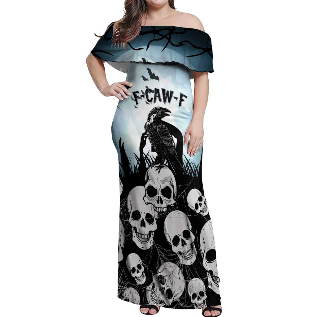 Personalized Funny Halloween F’Caw Raven Off Shoulder Maxi Dress Black Bird Crow With Skulls - Wonder Print Shop