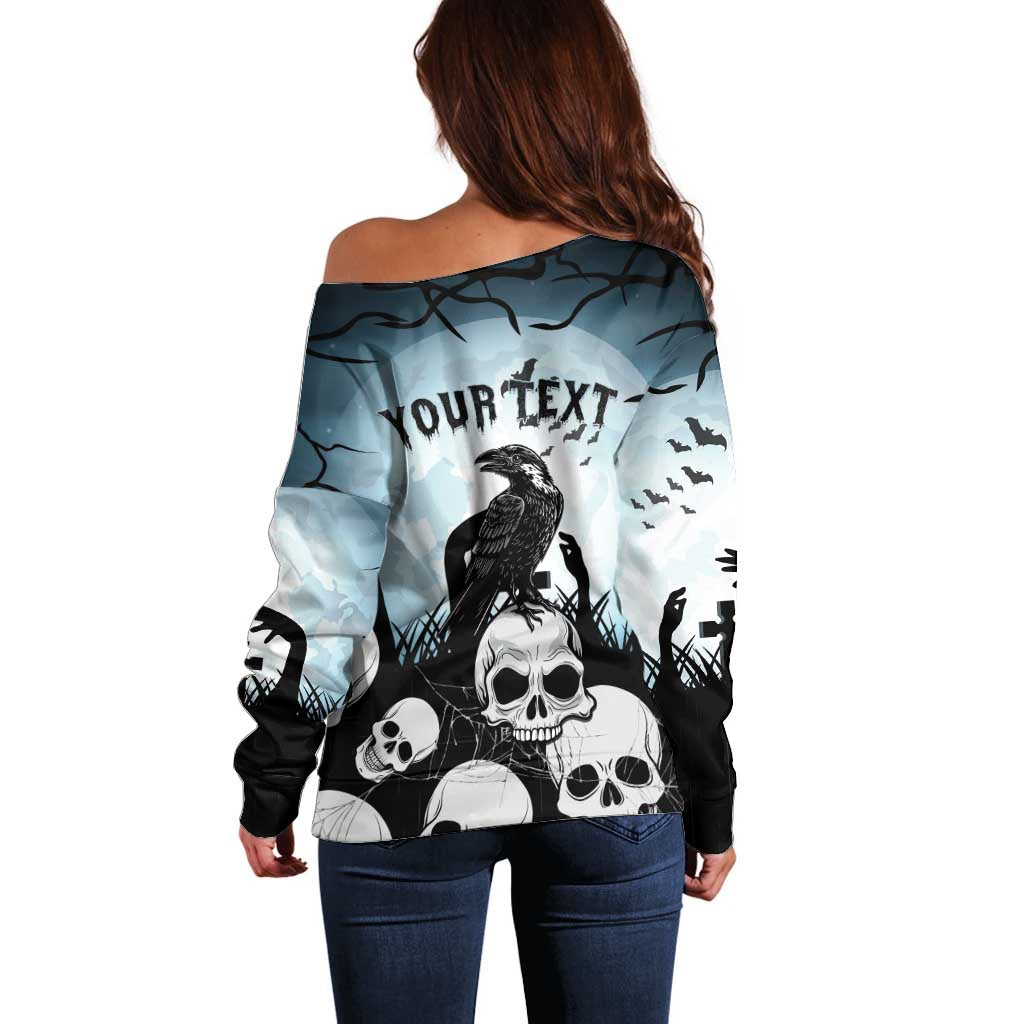 Personalized Funny Halloween F’Caw Raven Off Shoulder Sweater Black Bird Crow With Skulls - Wonder Print Shop