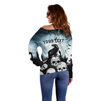 Personalized Funny Halloween F’Caw Raven Off Shoulder Sweater Black Bird Crow With Skulls - Wonder Print Shop