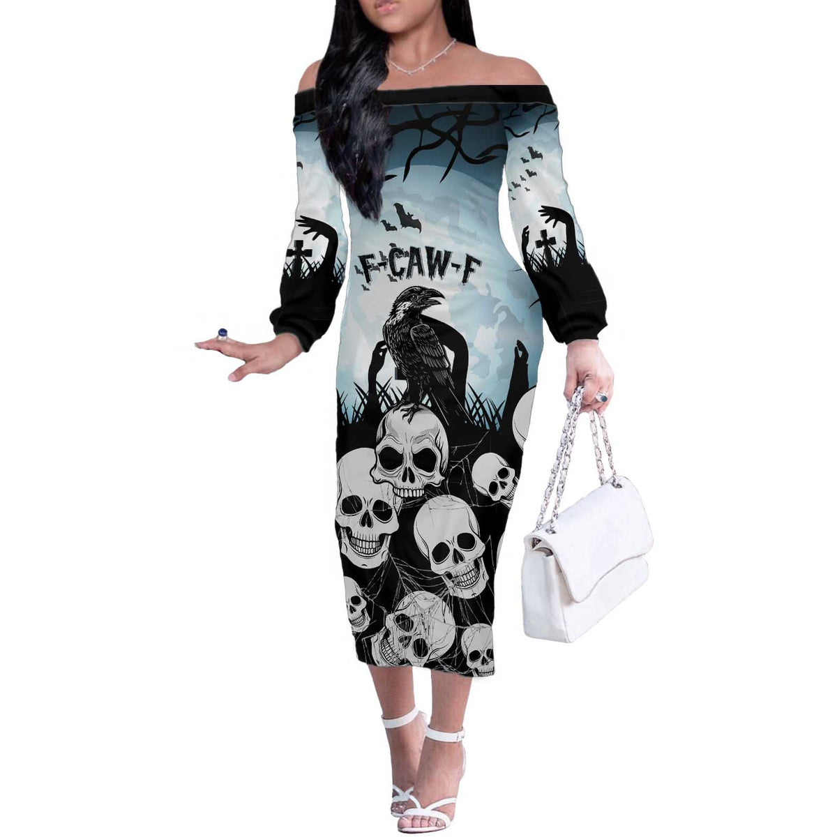 Personalized Funny Halloween F’Caw Raven Off The Shoulder Long Sleeve Dress Black Bird Crow With Skulls - Wonder Print Shop