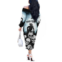 Personalized Funny Halloween F’Caw Raven Off The Shoulder Long Sleeve Dress Black Bird Crow With Skulls - Wonder Print Shop