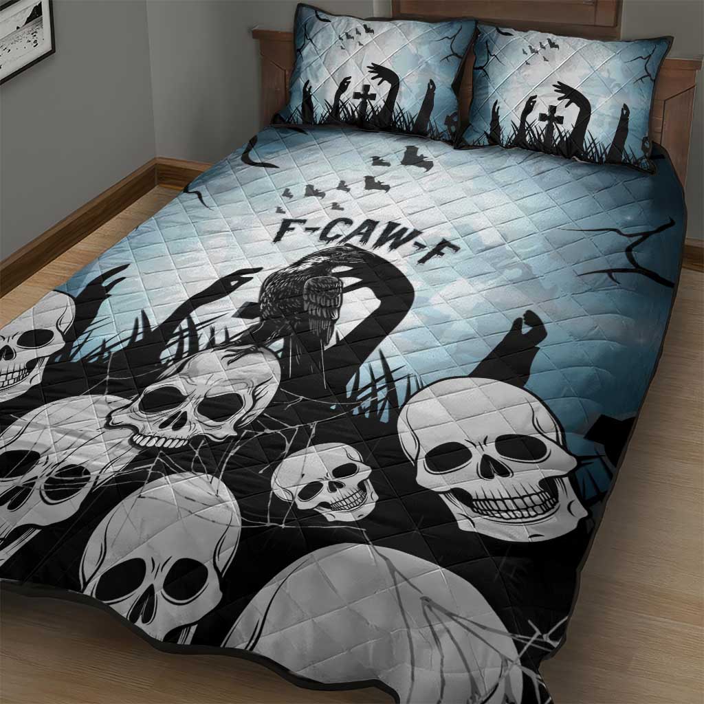 Funny Halloween F’Caw Raven Quilt Bed Set Black Bird Crow With Skulls - Wonder Print Shop