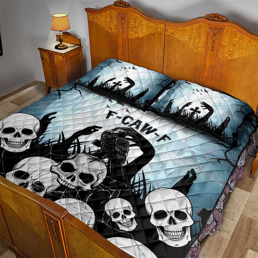 Funny Halloween F’Caw Raven Quilt Bed Set Black Bird Crow With Skulls - Wonder Print Shop