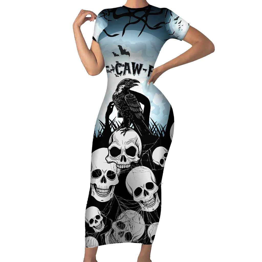 Personalized Funny Halloween F’Caw Raven Short Sleeve Bodycon Dress Black Bird Crow With Skulls - Wonder Print Shop