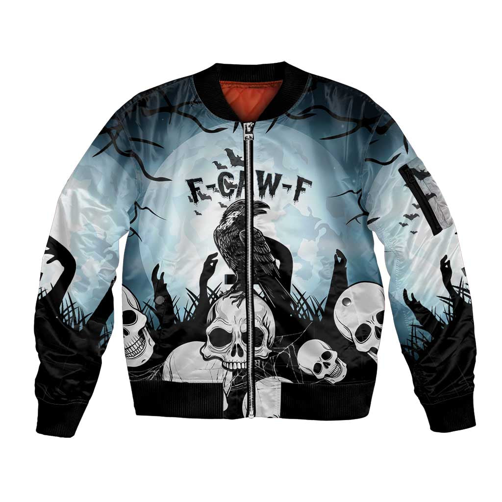 Personalized Funny Halloween F’Caw Raven Sleeve Zip Bomber Jacket Black Bird Crow With Skulls - Wonder Print Shop
