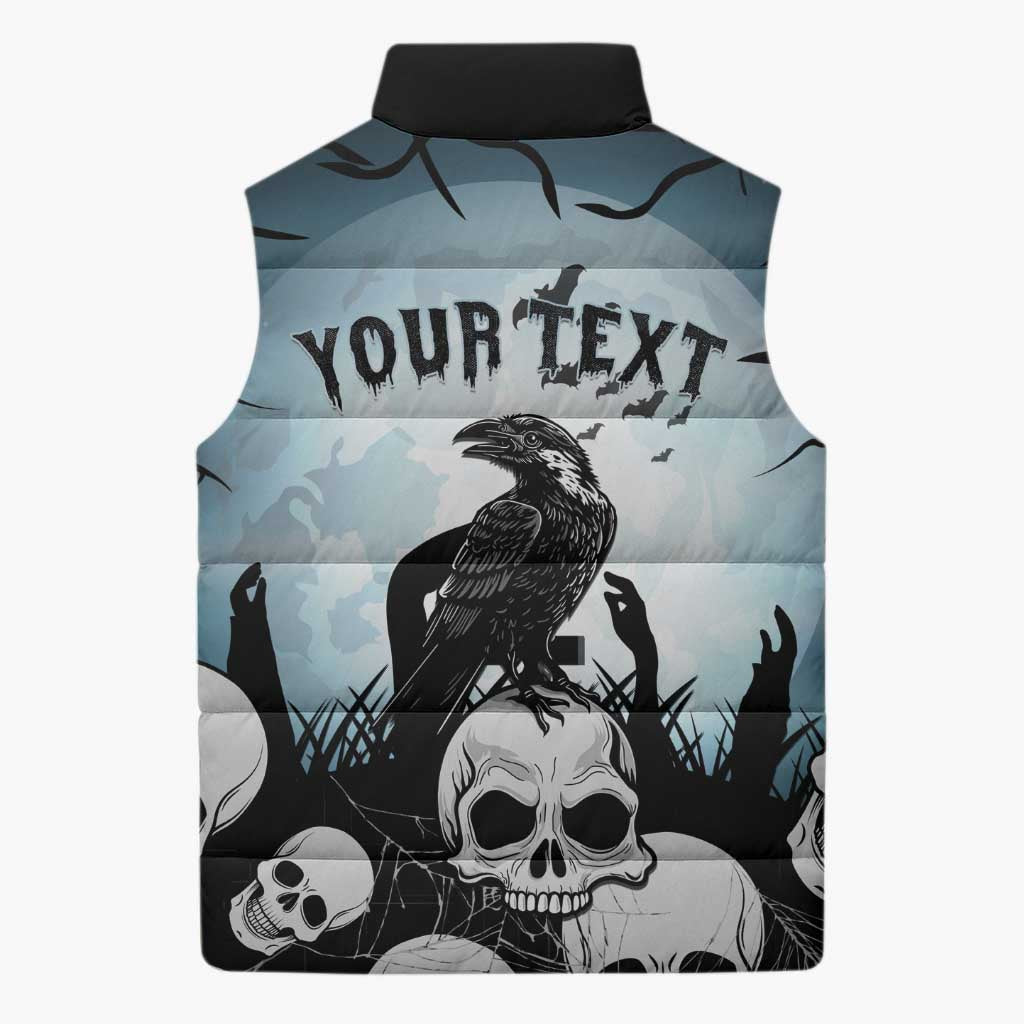 Personalized Funny Halloween F’Caw Raven Sleeveless Puffer Jacket Black Bird Crow With Skulls - Wonder Print Shop