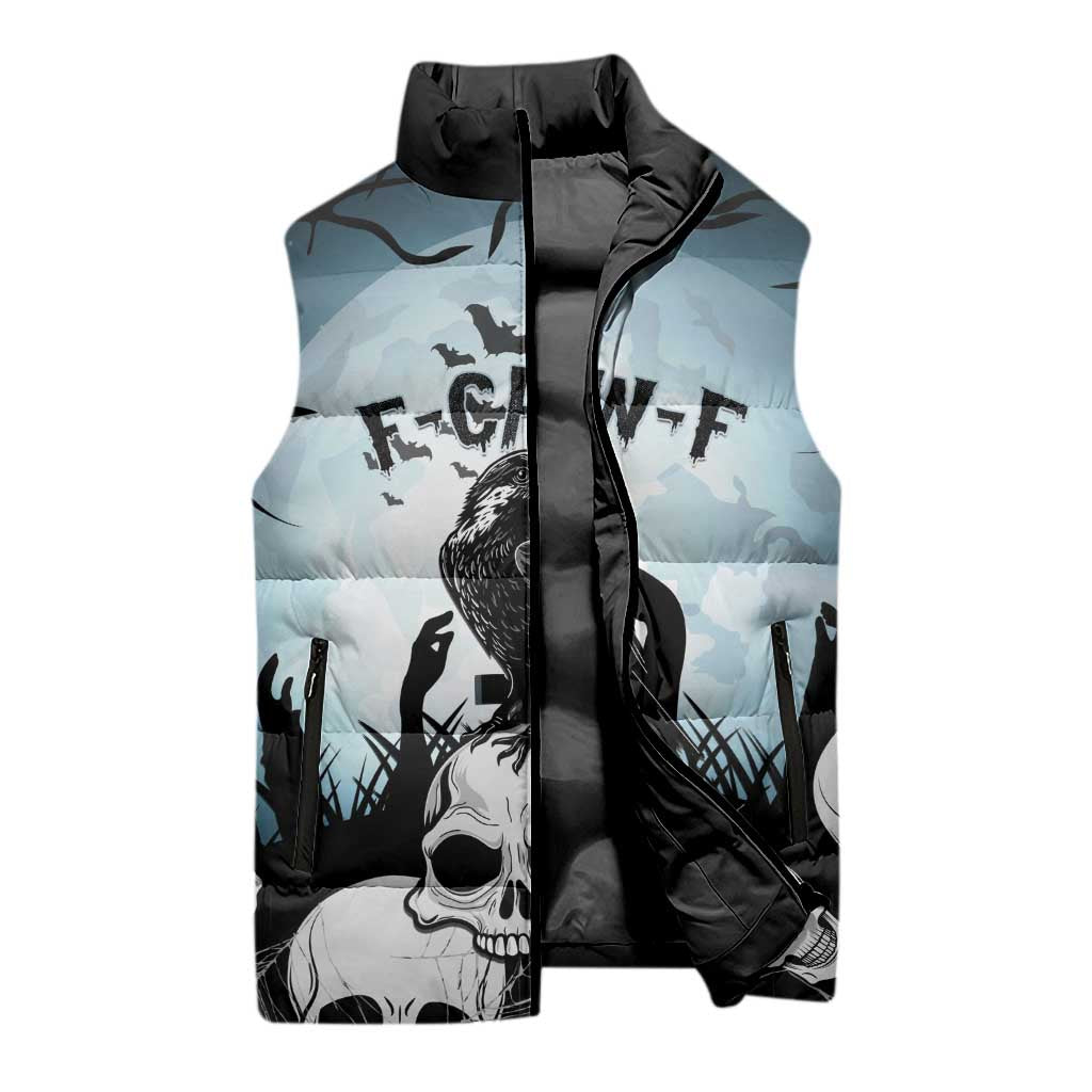 Personalized Funny Halloween F’Caw Raven Sleeveless Puffer Jacket Black Bird Crow With Skulls - Wonder Print Shop