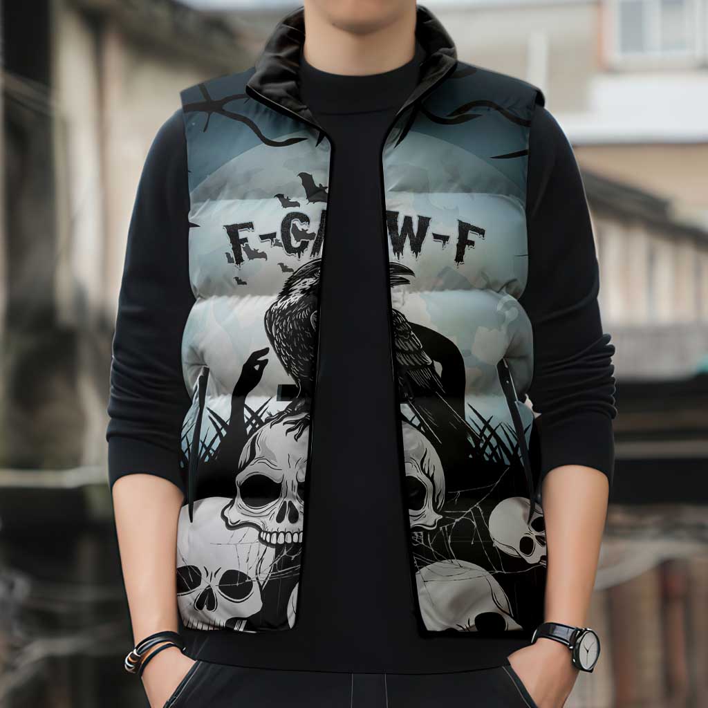 Personalized Funny Halloween F’Caw Raven Sleeveless Puffer Jacket Black Bird Crow With Skulls - Wonder Print Shop