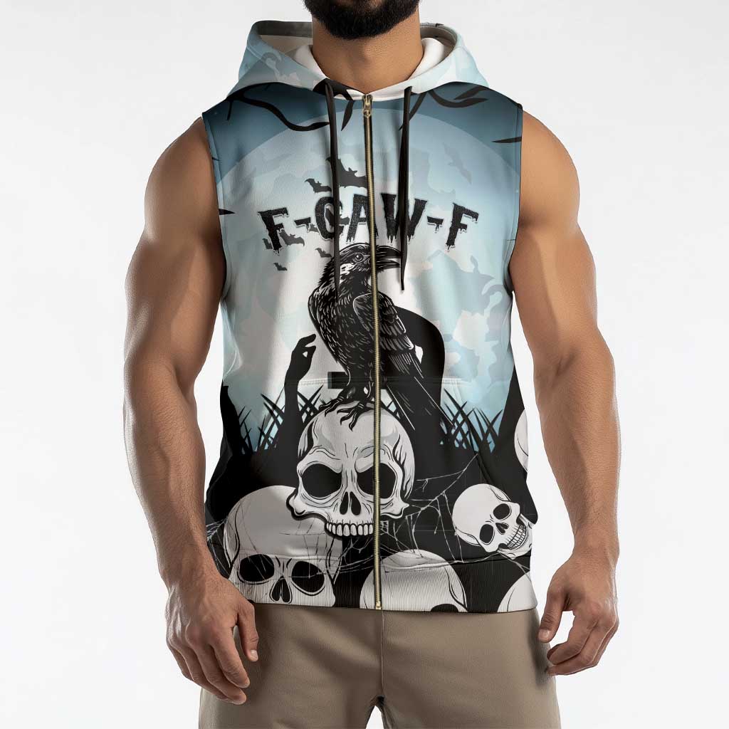 Personalized Funny Halloween F’Caw Raven Sleeveless Zip Hoodie Black Bird Crow With Skulls - Wonder Print Shop