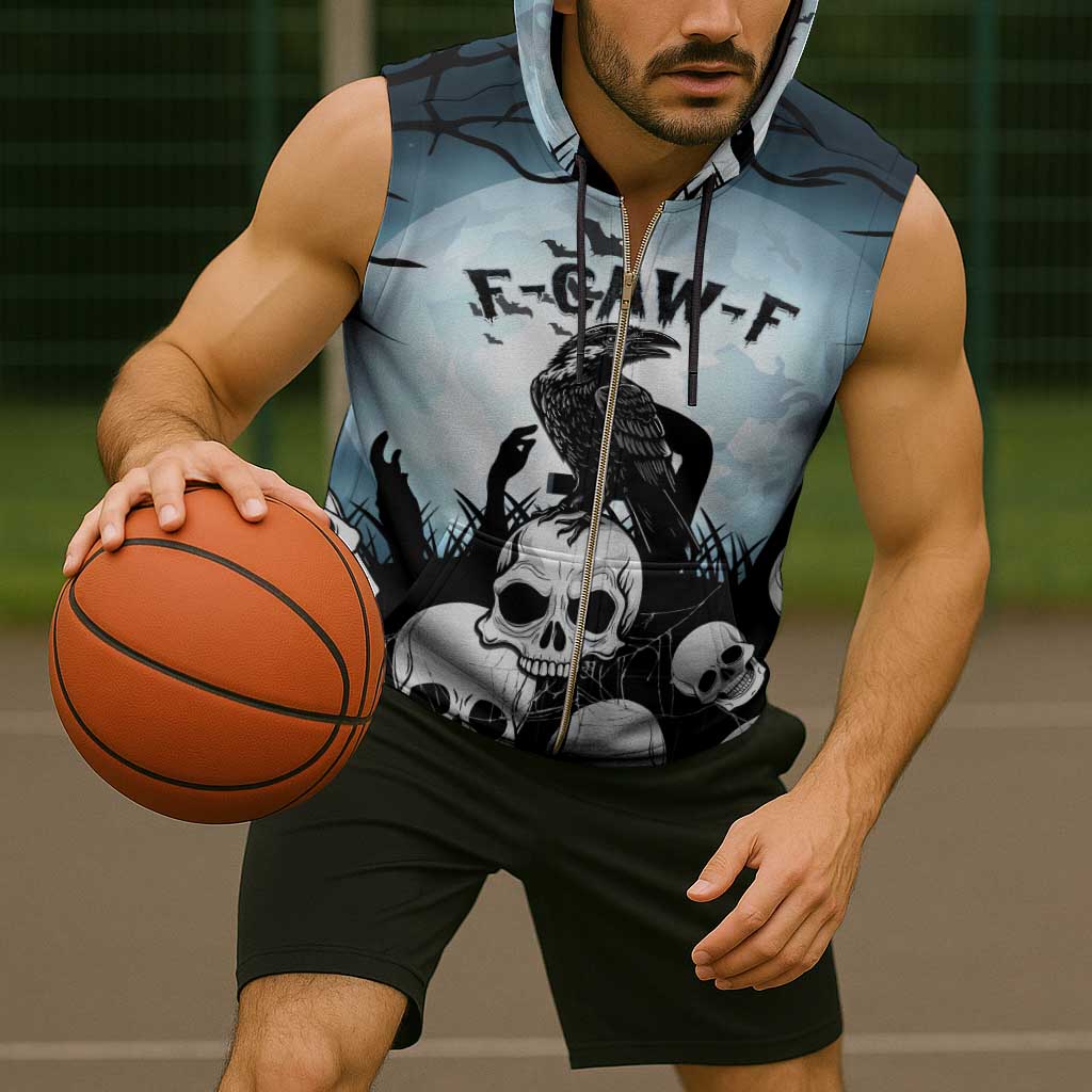 Personalized Funny Halloween F’Caw Raven Sleeveless Zip Hoodie Black Bird Crow With Skulls - Wonder Print Shop