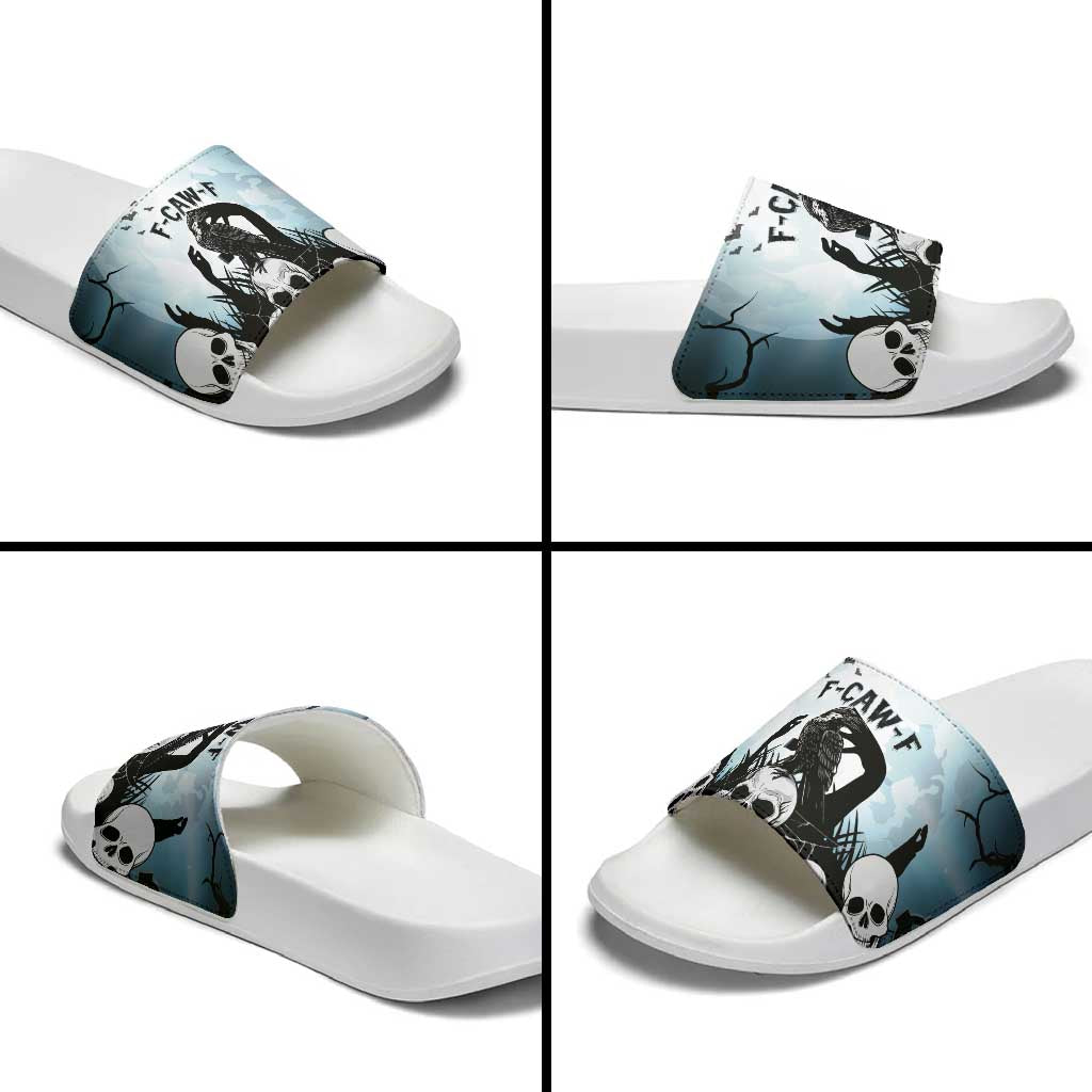 Funny Halloween F’Caw Raven Slide Sandals Black Bird Crow With Skulls - Wonder Print Shop
