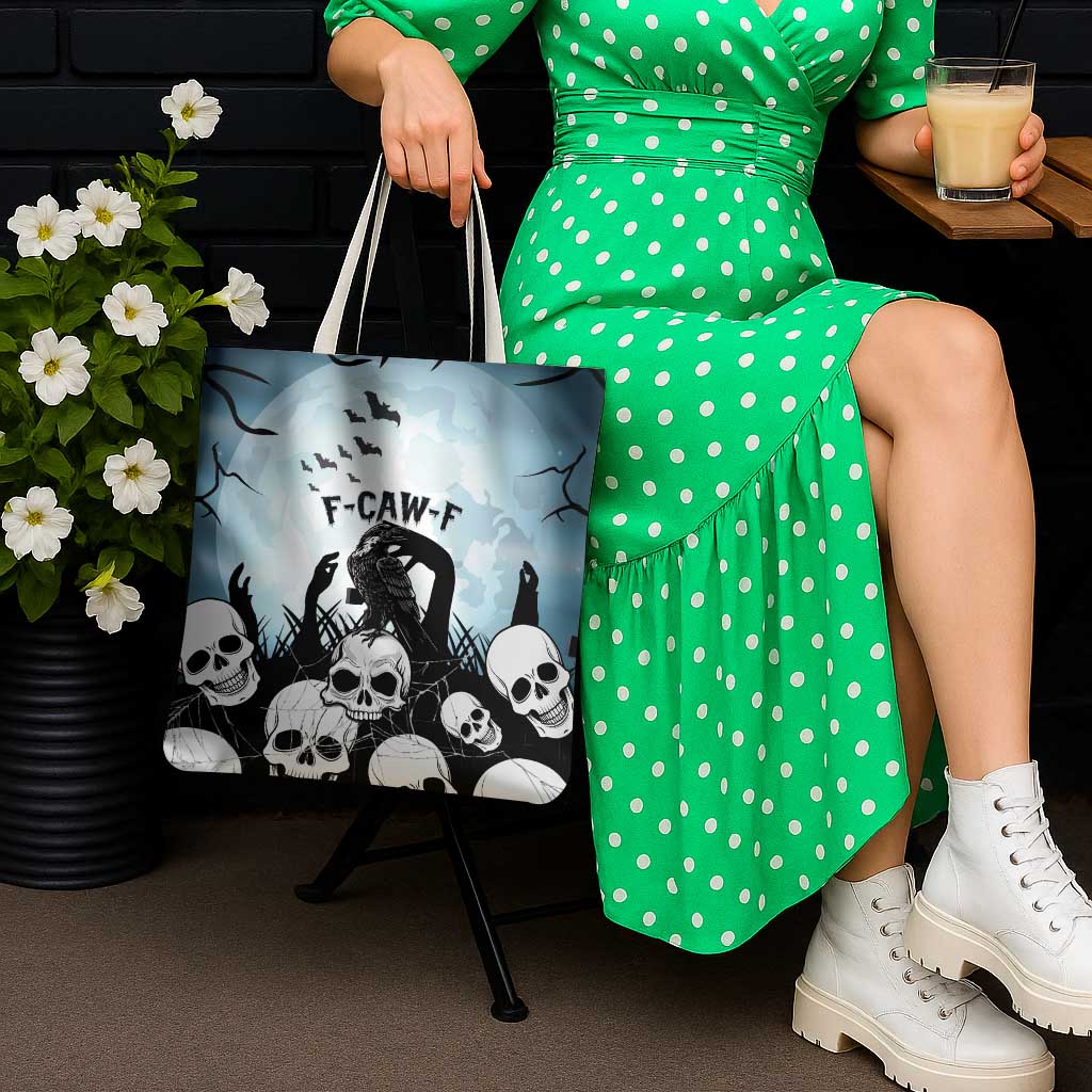 Funny Halloween F’Caw Raven Tote Bag Black Bird Crow With Skulls - Wonder Print Shop