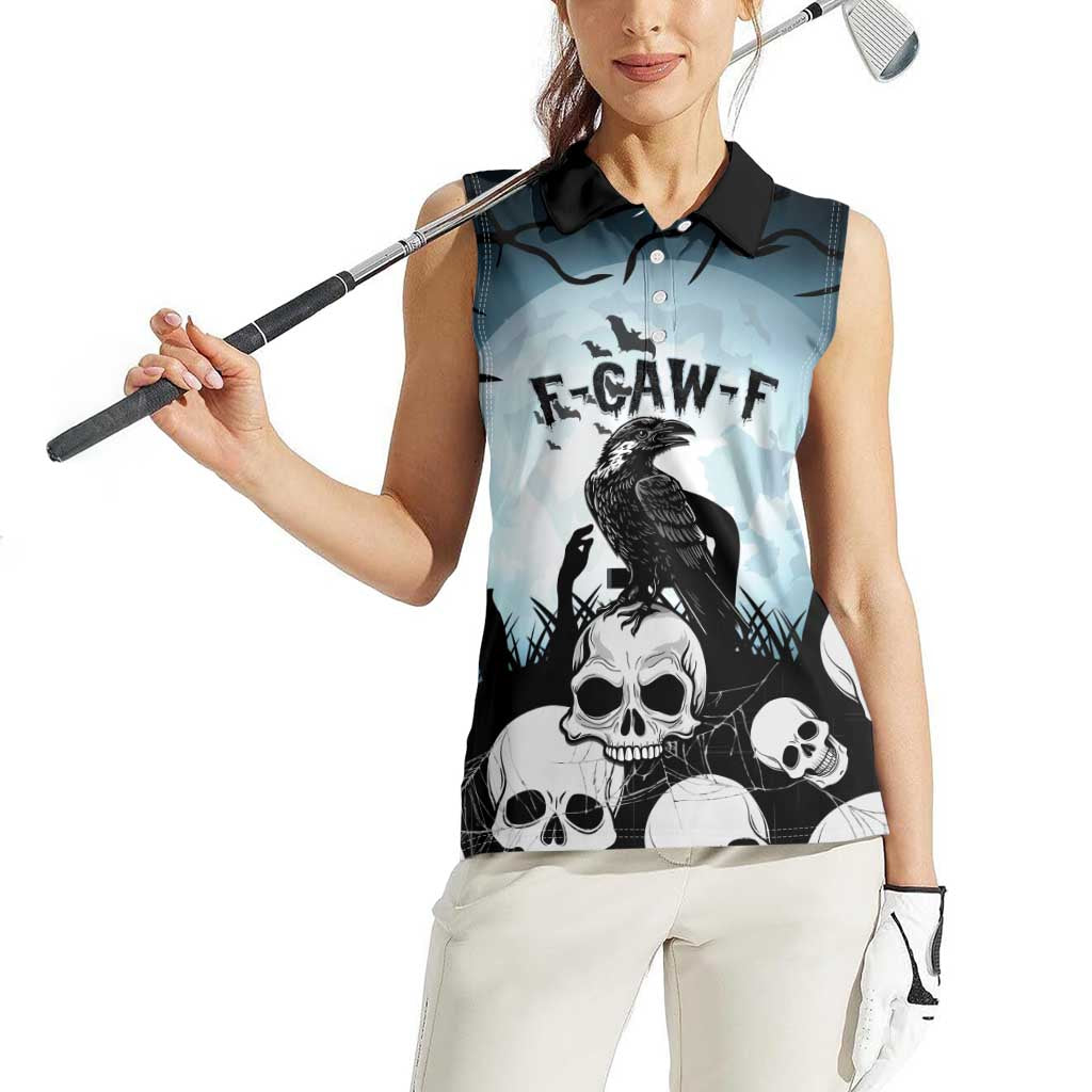Personalized Funny Halloween F’Caw Raven Women Sleeveless Polo Shirt Black Bird Crow With Skulls - Wonder Print Shop