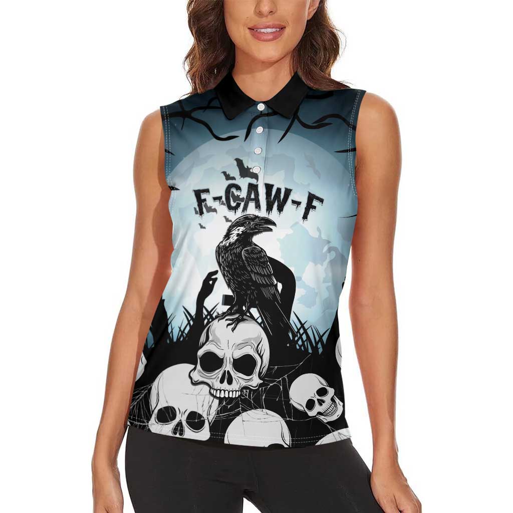 Personalized Funny Halloween F’Caw Raven Women Sleeveless Polo Shirt Black Bird Crow With Skulls - Wonder Print Shop