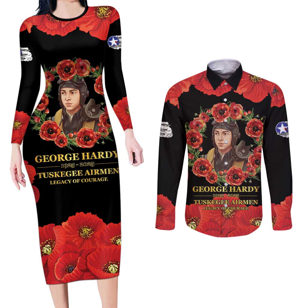 George Hardy Tuskegee Memorial Couples Matching Long Sleeve Bodycon Dress and Long Sleeve Button Shirt Red Tail Pilots Legacy of Courage - Wonder Print Shop