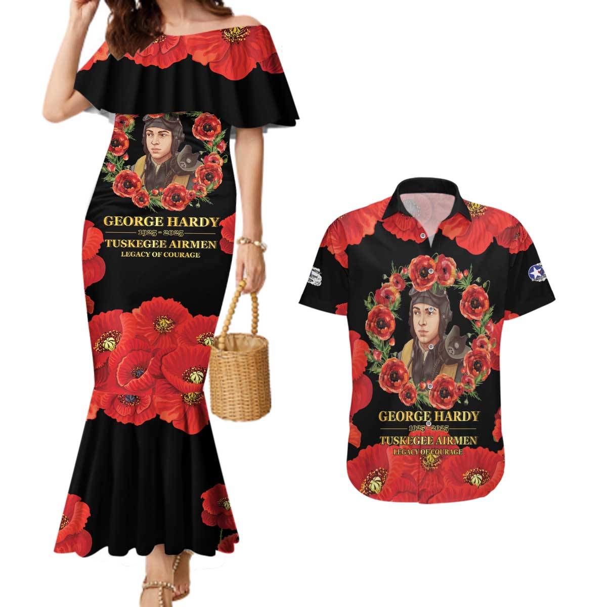 George Hardy Tuskegee Memorial Couples Matching Mermaid Dress and Hawaiian Shirt Red Tail Pilots Legacy of Courage - Wonder Print Shop