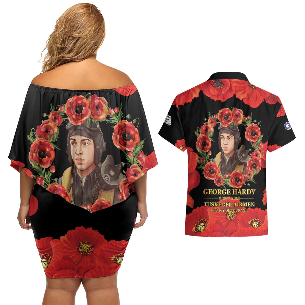 George Hardy Tuskegee Memorial Couples Matching Off Shoulder Short Dress and Hawaiian Shirt Red Tail Pilots Legacy of Courage - Wonder Print Shop