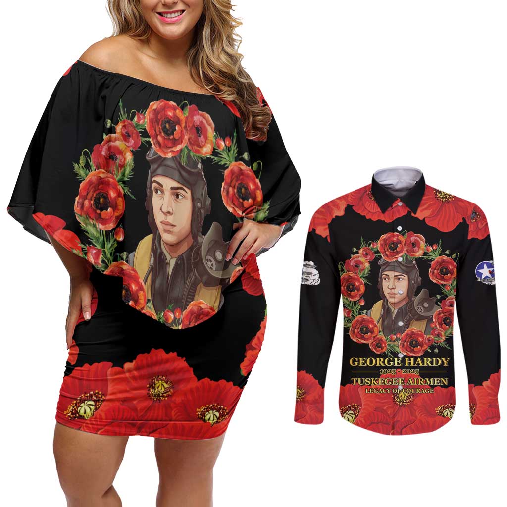 George Hardy Tuskegee Memorial Couples Matching Off Shoulder Short Dress and Long Sleeve Button Shirt Red Tail Pilots Legacy of Courage - Wonder Print Shop