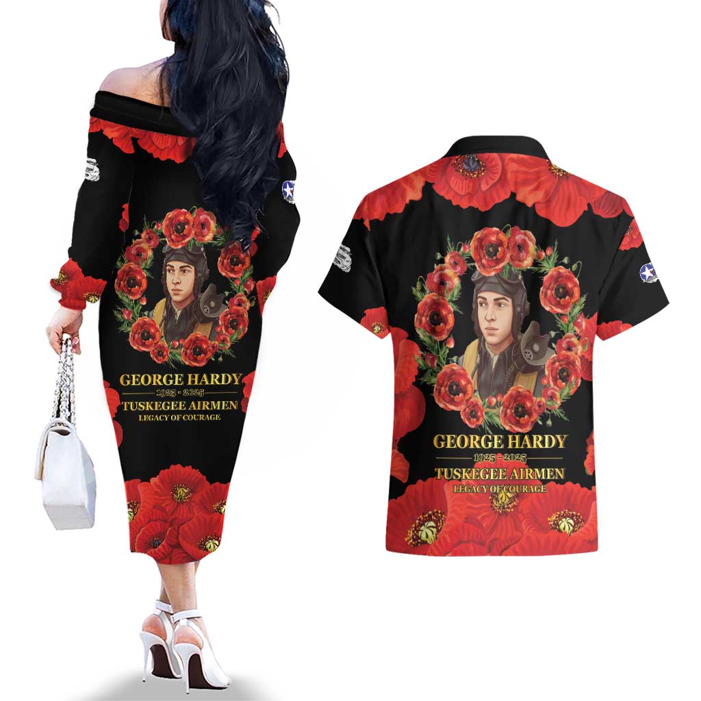 George Hardy Tuskegee Memorial Couples Matching Off The Shoulder Long Sleeve Dress and Hawaiian Shirt Red Tail Pilots Legacy of Courage - Wonder Print Shop