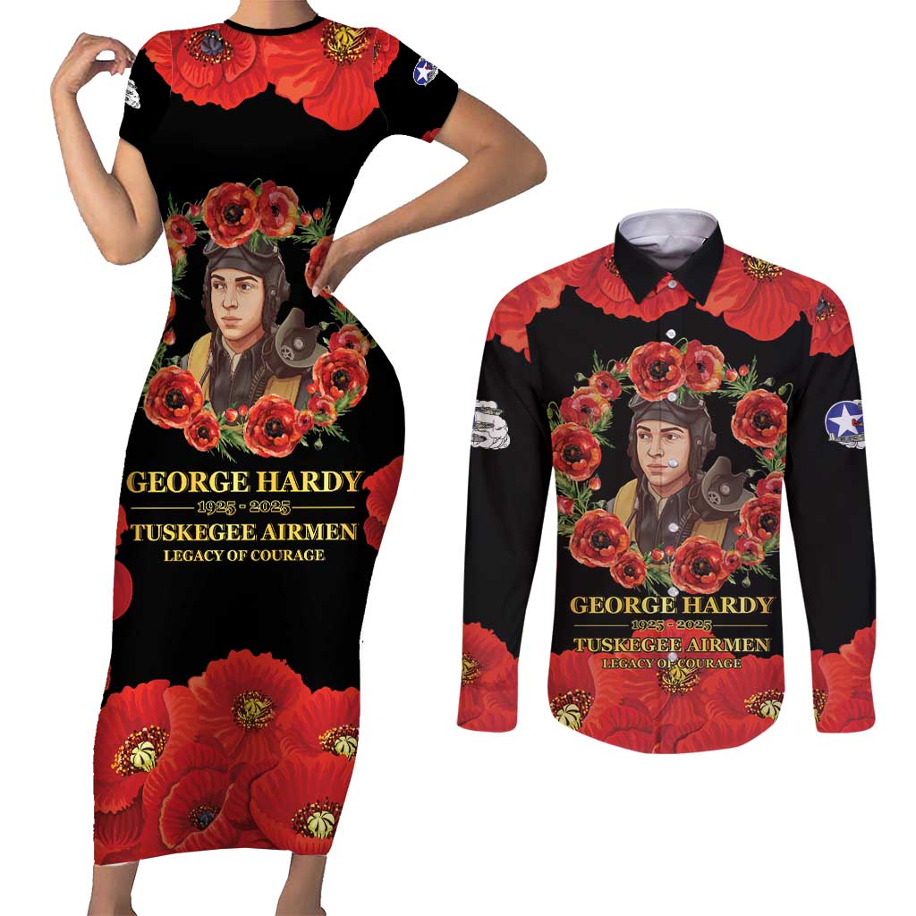 George Hardy Tuskegee Memorial Couples Matching Short Sleeve Bodycon Dress and Long Sleeve Button Shirt Red Tail Pilots Legacy of Courage - Wonder Print Shop