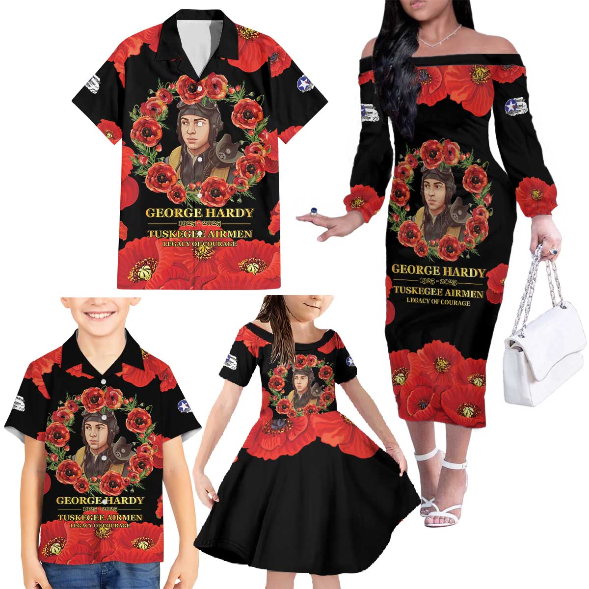 George Hardy Tuskegee Memorial Family Matching Off The Shoulder Long Sleeve Dress and Hawaiian Shirt Red Tail Pilots Legacy of Courage - Wonder Print Shop