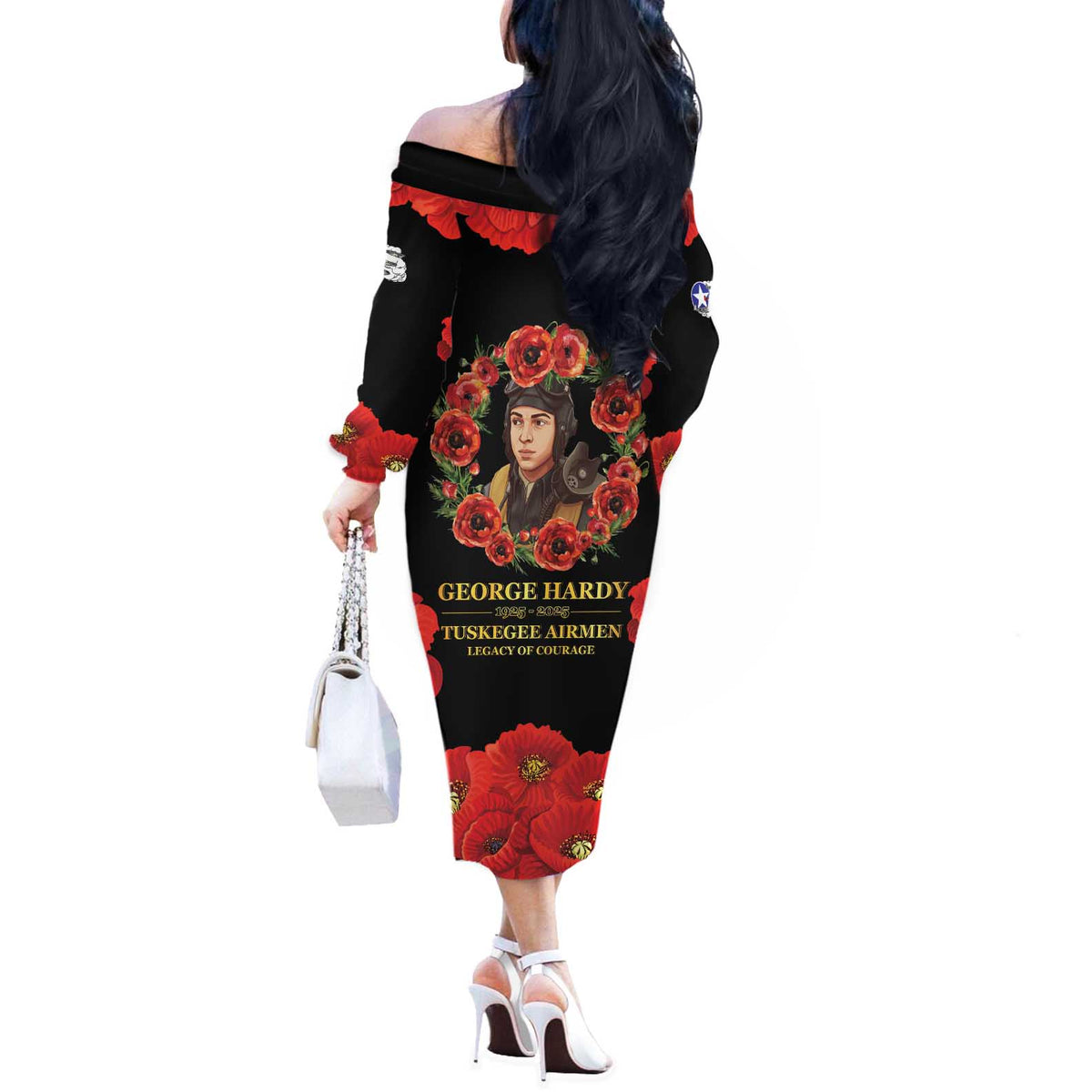 George Hardy Tuskegee Memorial Off The Shoulder Long Sleeve Dress Red Tail Pilots Legacy of Courage - Wonder Print Shop