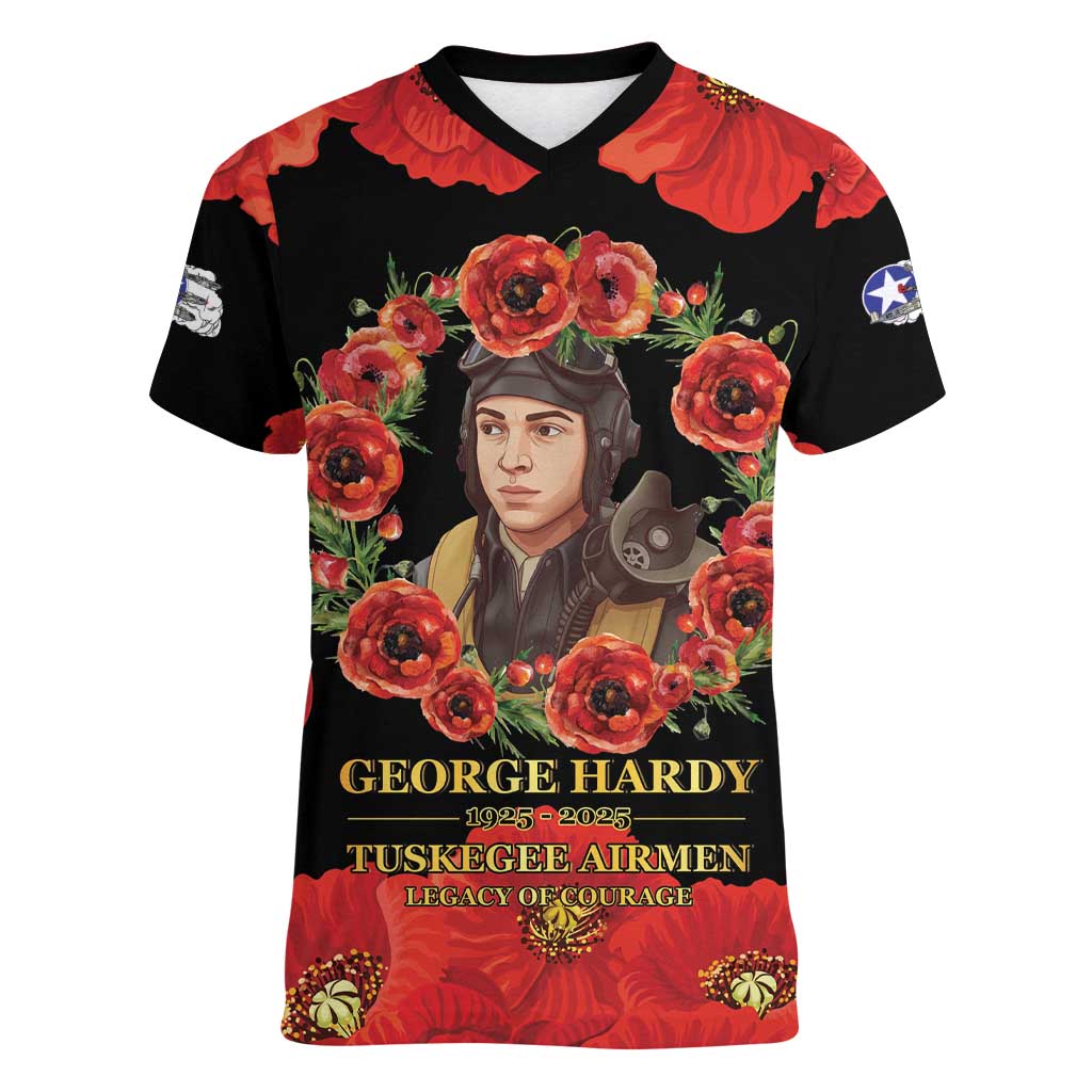George Hardy Tuskegee Memorial Women V-Neck T-Shirt Red Tail Pilots Legacy of Courage - Wonder Print Shop