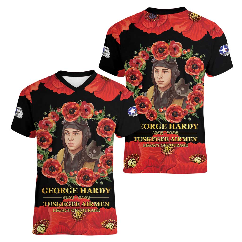George Hardy Tuskegee Memorial Women V-Neck T-Shirt Red Tail Pilots Legacy of Courage - Wonder Print Shop