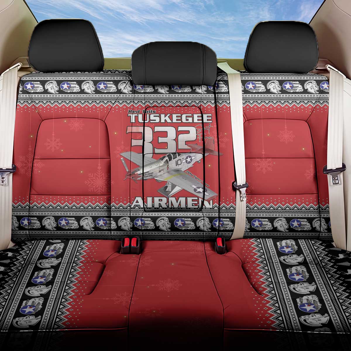 Tuskegee Red Tails Airmen Christmas Back Car Seat Cover P-51 Mustang 332nd Fighter Group - Wonder Print Shop