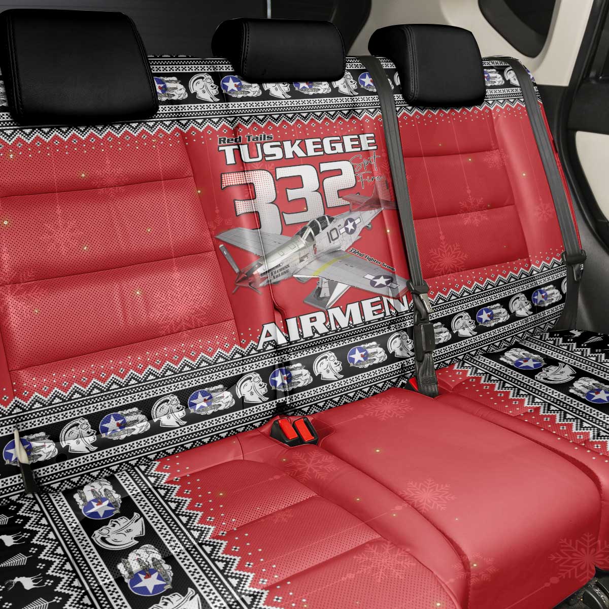 Tuskegee Red Tails Airmen Christmas Back Car Seat Cover P-51 Mustang 332nd Fighter Group - Wonder Print Shop
