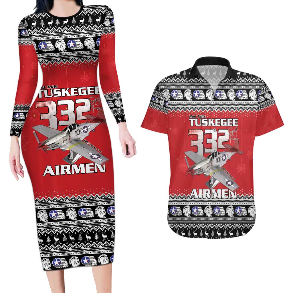 Tuskegee Red Tails Airmen Christmas Couples Matching Long Sleeve Bodycon Dress and Hawaiian Shirt P-51 Mustang 332nd Fighter Group - Wonder Print Shop