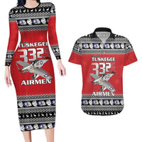 Tuskegee Red Tails Airmen Christmas Couples Matching Long Sleeve Bodycon Dress and Hawaiian Shirt P-51 Mustang 332nd Fighter Group - Wonder Print Shop