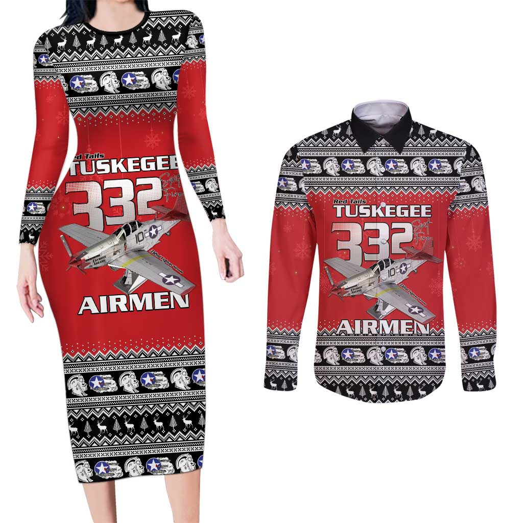 Tuskegee Red Tails Airmen Christmas Couples Matching Long Sleeve Bodycon Dress and Long Sleeve Button Shirt P-51 Mustang 332nd Fighter Group - Wonder Print Shop
