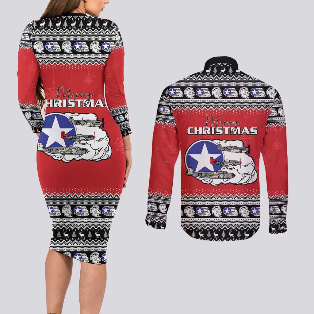 Tuskegee Red Tails Airmen Christmas Couples Matching Long Sleeve Bodycon Dress and Long Sleeve Button Shirt P-51 Mustang 332nd Fighter Group - Wonder Print Shop