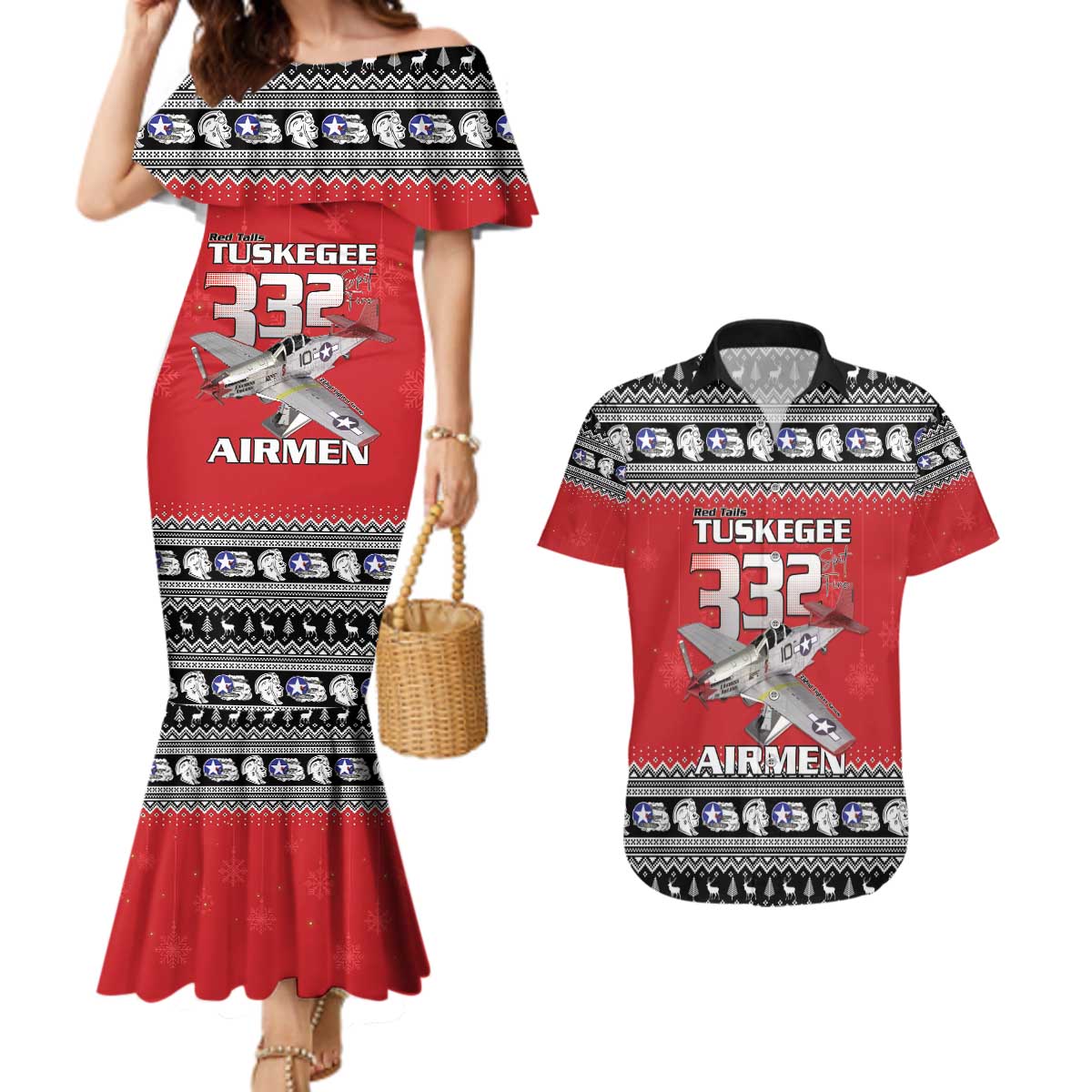 Tuskegee Red Tails Airmen Christmas Couples Matching Mermaid Dress and Hawaiian Shirt P-51 Mustang 332nd Fighter Group - Wonder Print Shop
