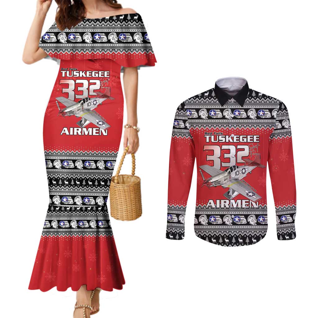 Tuskegee Red Tails Airmen Christmas Couples Matching Mermaid Dress and Long Sleeve Button Shirt P-51 Mustang 332nd Fighter Group - Wonder Print Shop