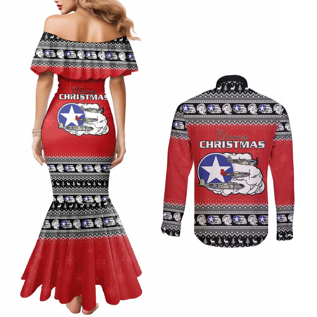 Tuskegee Red Tails Airmen Christmas Couples Matching Mermaid Dress and Long Sleeve Button Shirt P-51 Mustang 332nd Fighter Group - Wonder Print Shop