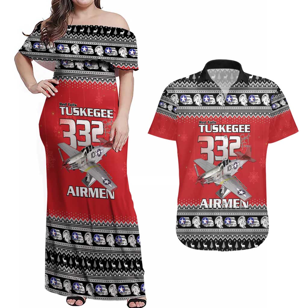 Tuskegee Red Tails Airmen Christmas Couples Matching Off Shoulder Maxi Dress and Hawaiian Shirt P-51 Mustang 332nd Fighter Group - Wonder Print Shop
