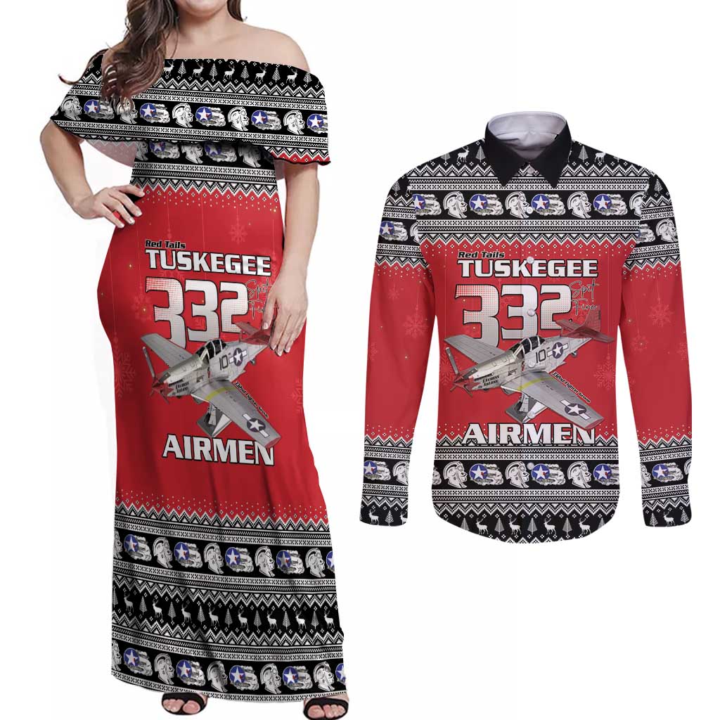 Tuskegee Red Tails Airmen Christmas Couples Matching Off Shoulder Maxi Dress and Long Sleeve Button Shirt P-51 Mustang 332nd Fighter Group - Wonder Print Shop