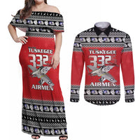 Tuskegee Red Tails Airmen Christmas Couples Matching Off Shoulder Maxi Dress and Long Sleeve Button Shirt P-51 Mustang 332nd Fighter Group - Wonder Print Shop