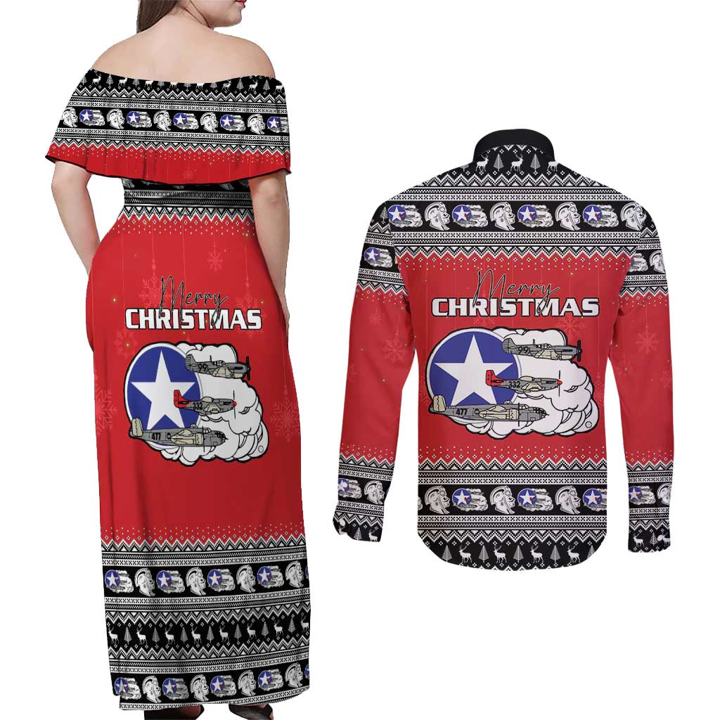 Tuskegee Red Tails Airmen Christmas Couples Matching Off Shoulder Maxi Dress and Long Sleeve Button Shirt P-51 Mustang 332nd Fighter Group - Wonder Print Shop