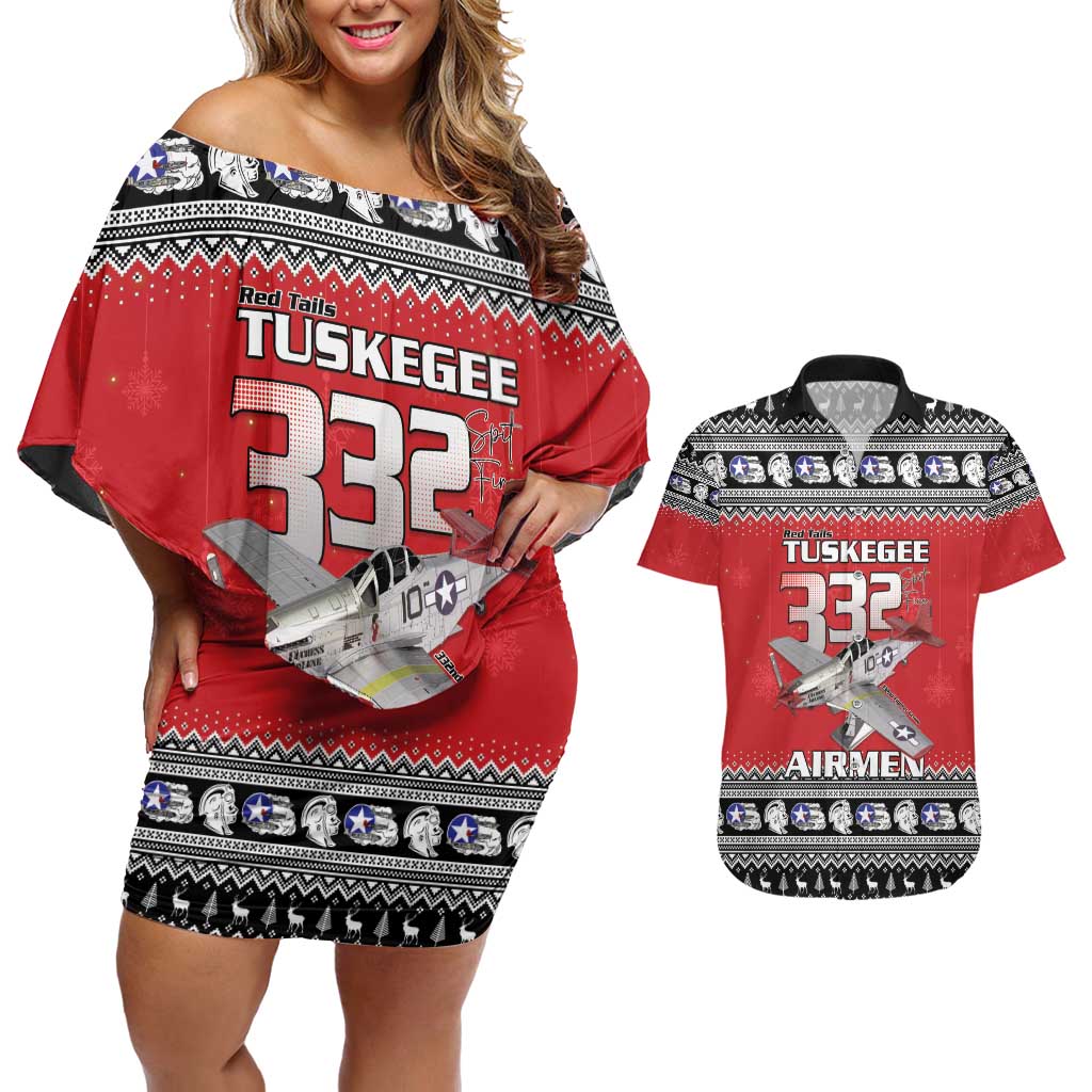Tuskegee Red Tails Airmen Christmas Couples Matching Off Shoulder Short Dress and Hawaiian Shirt P-51 Mustang 332nd Fighter Group - Wonder Print Shop