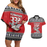Tuskegee Red Tails Airmen Christmas Couples Matching Off Shoulder Short Dress and Hawaiian Shirt P-51 Mustang 332nd Fighter Group - Wonder Print Shop