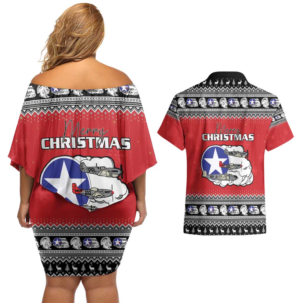 Tuskegee Red Tails Airmen Christmas Couples Matching Off Shoulder Short Dress and Hawaiian Shirt P-51 Mustang 332nd Fighter Group - Wonder Print Shop