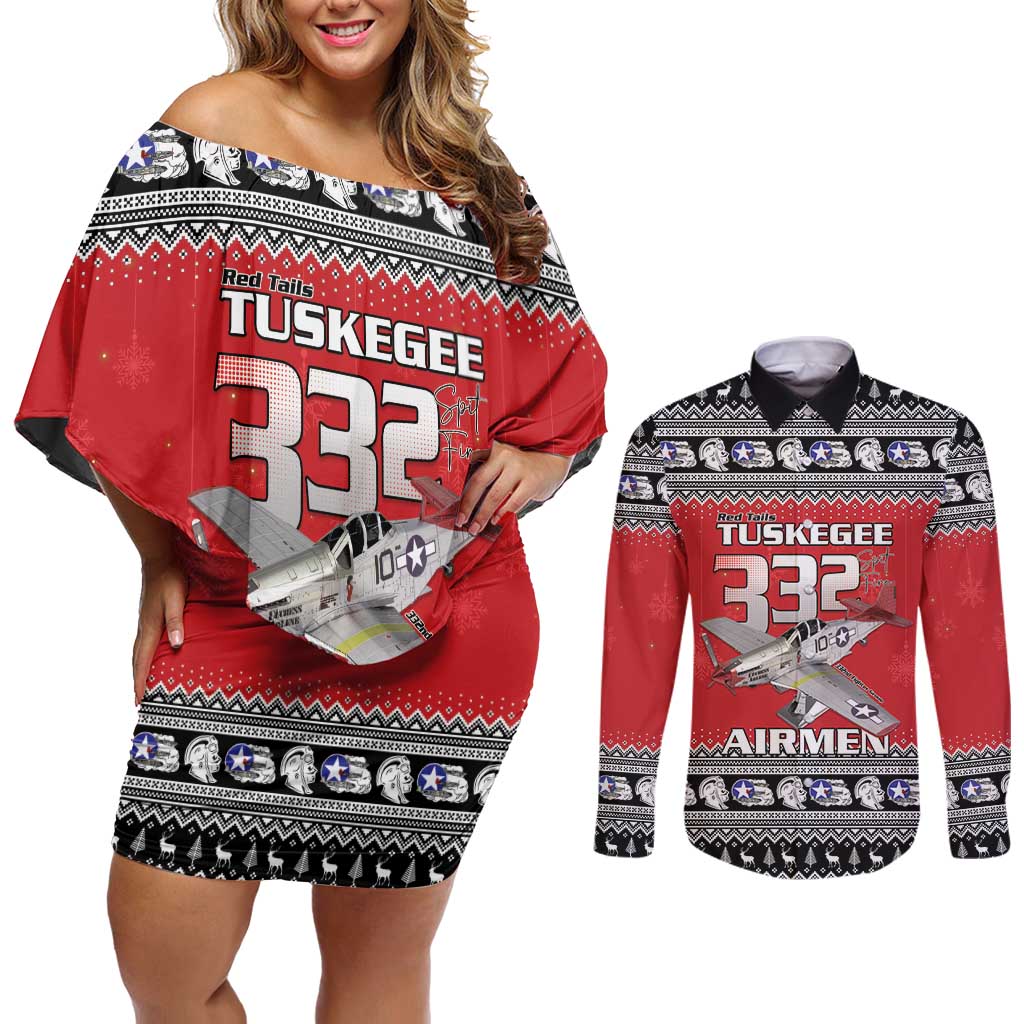 Tuskegee Red Tails Airmen Christmas Couples Matching Off Shoulder Short Dress and Long Sleeve Button Shirt P-51 Mustang 332nd Fighter Group - Wonder Print Shop