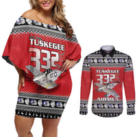 Tuskegee Red Tails Airmen Christmas Couples Matching Off Shoulder Short Dress and Long Sleeve Button Shirt P-51 Mustang 332nd Fighter Group - Wonder Print Shop