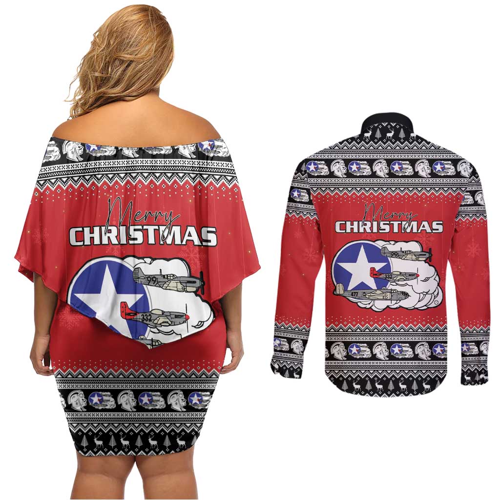 Tuskegee Red Tails Airmen Christmas Couples Matching Off Shoulder Short Dress and Long Sleeve Button Shirt P-51 Mustang 332nd Fighter Group - Wonder Print Shop