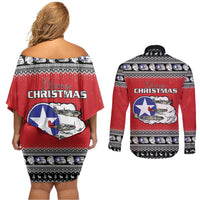 Tuskegee Red Tails Airmen Christmas Couples Matching Off Shoulder Short Dress and Long Sleeve Button Shirt P-51 Mustang 332nd Fighter Group - Wonder Print Shop