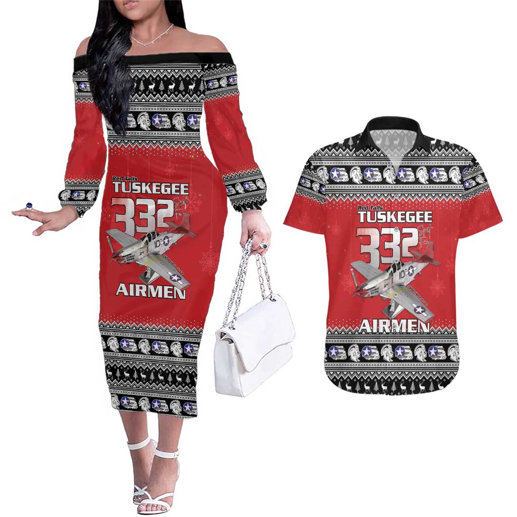 Tuskegee Red Tails Airmen Christmas Couples Matching Off The Shoulder Long Sleeve Dress and Hawaiian Shirt P-51 Mustang 332nd Fighter Group - Wonder Print Shop